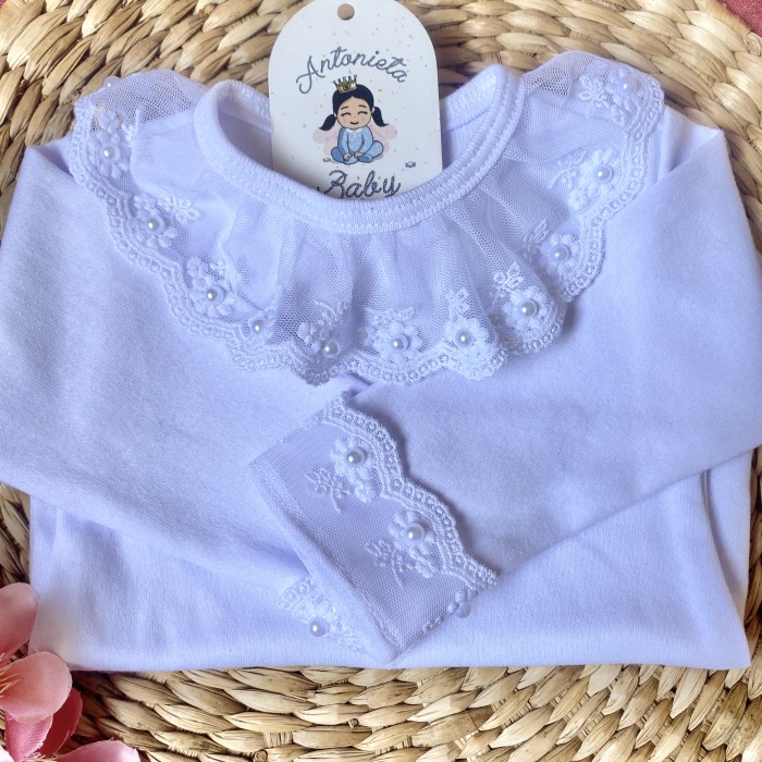 Body Renda Media Tule Flor Branco