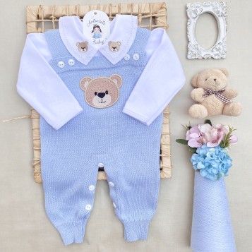 Saida de maternidade Conjunto Tricot Bebê Carinho Azul